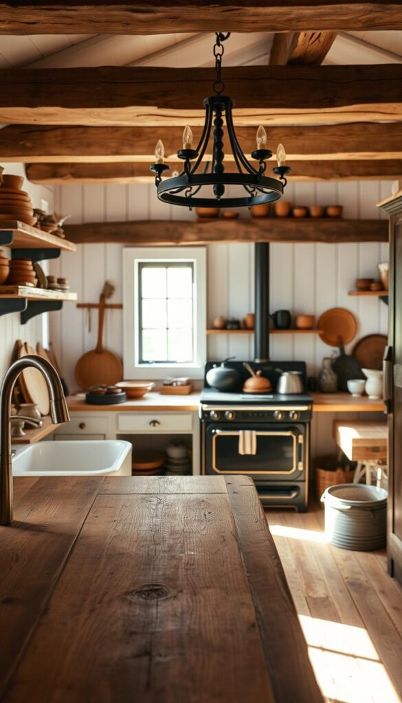 A cozy cottage kitchen filled with authentic textures and materials. In the foreground, a wooden butcher block countertop, weathered and worn, contrasts with the smooth porcelain of a farmhouse sink. Midground showcases a vintage cast-iron stove, its surface gently patinated, surrounded by an assortment of earthenware dishes and copper cookware. In the background, exposed beams and whitewashed shiplap walls create a warm, inviting atmosphere, lit by the soft glow of a wrought-iron chandelier. The scene is bathed in natural light, casting gentle shadows and highlighting the tactile, handcrafted qualities of the space. An air of rustic charm and timeless elegance pervades the image.