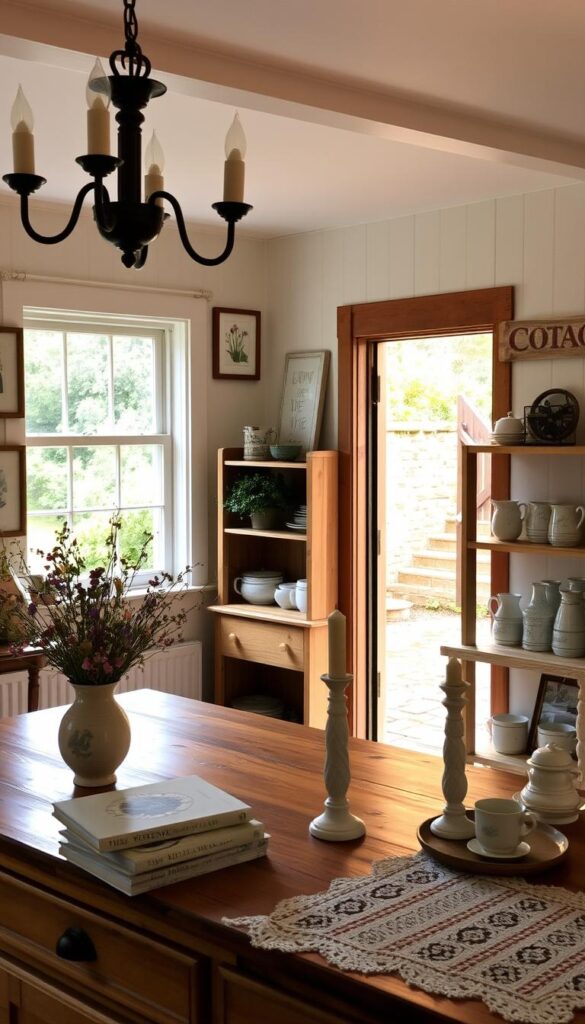 A cozy cottage kitchen interior, bathed in warm, soft lighting from a large window and a vintage chandelier. In the foreground, an assortment of quaint decorative accessories adorn a wooden kitchen island - a ceramic vase filled with wildflowers, a stack of antique cookbooks, a rustic candle holder, and a delicate lace table runner. On the walls, framed botanical prints and a distressed wooden sign with a charming cottage motif. The middle ground features a farmhouse-style wooden shelving unit displaying an array of vintage-inspired kitchenware, ceramic mugs, and a small potted plant. The background showcases a glimpse of a charming cottage exterior through the window, with lush greenery and a picturesque stone pathway.