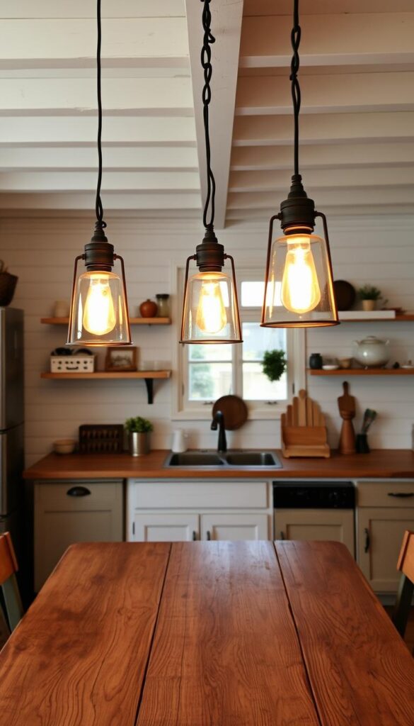 A cozy cottage kitchen interior with warm lighting from a trio of rustic metal and glass pendant fixtures suspended over a weathered wooden farmhouse table. The pendants emit a soft, ambient glow, casting a gentle light across the kitchen's natural wood tones, white shiplap walls, and vintage-inspired decor. The scene conveys a charming, welcoming atmosphere, perfect for a relaxed, intimate gathering in a quaint country home.