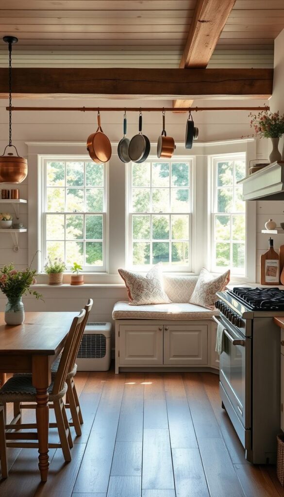 A cozy cottage kitchen layout with warm, natural lighting flooding through large windows overlooking a lush garden. The space features a farmhouse-style wooden table with mismatched chairs, a vintage stove, and an apron-front sink. Copper pots and pans hang from a rustic rack, complementing the exposed beams and shiplap walls. Charming floral accents and a cozy window seat with plush cushions create a inviting, timeless ambiance. The overall design blends traditional and modern elements, showcasing the perfect balance of functionality and charm for a stylish yet practical cottage kitchen.