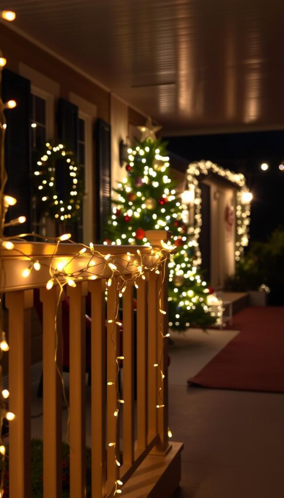 A cozy front porch adorned with a dazzling array of holiday lighting, creating a warm and inviting atmosphere. In the foreground, delicate string lights gracefully draped across the porch railings, casting a soft glow. The middle ground features a well-decorated Christmas tree, its branches illuminated by a mix of twinkling lights and colorful ornaments. In the background, the home's exterior is highlighted by a harmonious combination of subtle uplighting, path lighting, and a few strategically placed spotlights, accentuating its architectural details. The overall scene evokes a sense of festive charm, inviting passersby to pause and admire the carefully curated holiday display.