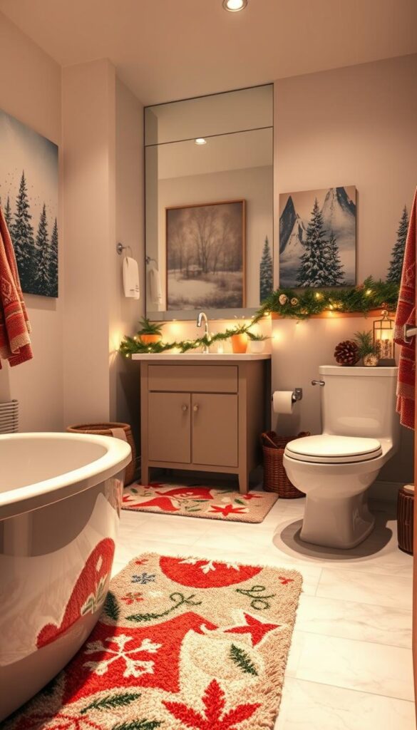 A cozy holiday bathroom with festive decor. In the foreground, a plush bathmat in a vibrant holiday pattern, complemented by a matching toilet cover and towels. In the middle ground, a vanity adorned with a garland of twinkling lights, framed by a large mirror reflecting the space. The background features wintry wall art, such as a snowy forest scene or a snowflake pattern, creating a serene and inviting atmosphere. Soft, warm lighting illuminates the space, setting a welcoming holiday mood. The overall aesthetic blends traditional holiday elements with modern, minimalist design for a stylish and inviting holiday bathroom.