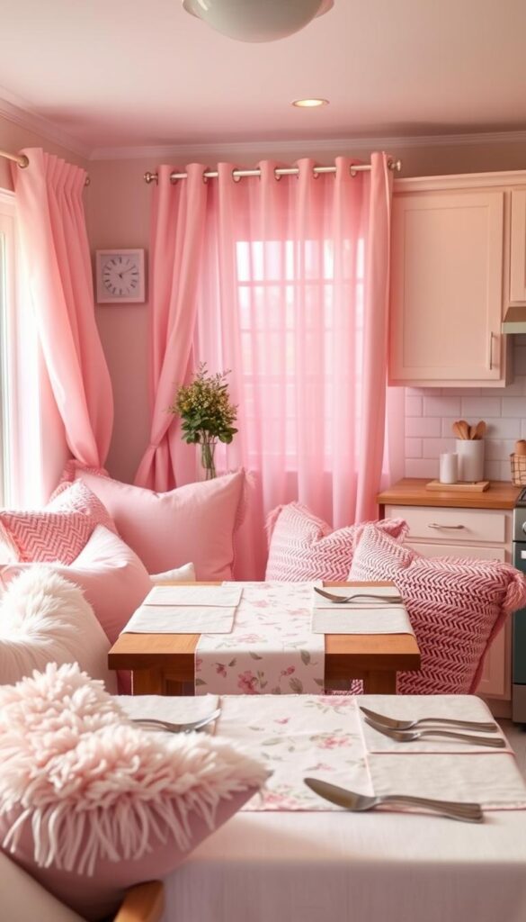 A cozy kitchen bathed in soft, warm lighting. In the foreground, an array of plush, pastel pink throw pillows, blankets, and curtains adorn the inviting space. The middle ground showcases a table runner, placemats, and napkins in a subtle floral pattern, complementing the overall pink color scheme. In the background, a delicate, sheer pink curtain gently billows, creating a serene and tranquil atmosphere. The scene exudes a sense of comfort and elegance, perfectly capturing the essence of incorporating pink textiles and soft furnishings into a stylish kitchen design.