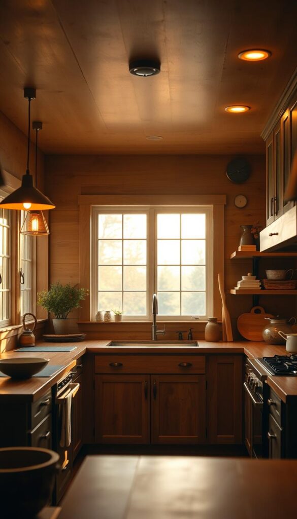 A cozy kitchen bathed in warm, inviting light. Soft, ambient illumination from a mix of pendant lights and recessed ceiling fixtures, casting a golden glow across the earthy, natural-toned countertops and cabinets. Wooden accents and textures throughout, complemented by the gentle play of light and shadow. Large windows let in soft, diffused daylight, blending seamlessly with the artificial lighting to create a harmonious, soothing atmosphere. The overall effect is one of comfort, coziness and a connection to the natural world, perfect for an intimate, relaxing cooking experience.