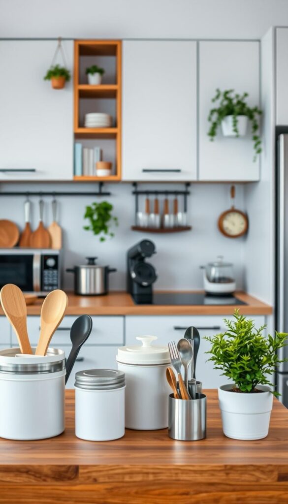 A cozy kitchen counter with clever storage solutions and space-saving accessories. The foreground features neatly arranged containers, utensils, and a small potted plant, all complementing the warm wooden surface. In the middle ground, stylish shelves and hooks showcase elegant glassware and hanging plants, adding visual interest. The background subtly blends modern appliances and minimalist cabinetry, creating a harmonious, well-organized space. Soft, even lighting gently illuminates the scene, evoking a sense of calm and productivity. The overall atmosphere is one of efficient functionality and design-forward sensibility, perfectly suited for a small kitchen. A cozy kitchen counter with clever storage solutions and space-saving accessories. The foreground features neatly arranged containers, utensils, and a small potted plant, all complementing the warm wooden surface. In the middle ground, stylish shelves and hooks showcase elegant glassware and hanging plants, adding visual interest. The background subtly blends modern appliances and minimalist cabinetry, creating a harmonious, well-organized space. Soft, even lighting gently illuminates the scene, evoking a sense of calm and productivity. The overall atmosphere is one of efficient functionality and design-forward sensibility, perfectly suited for a small kitchen.