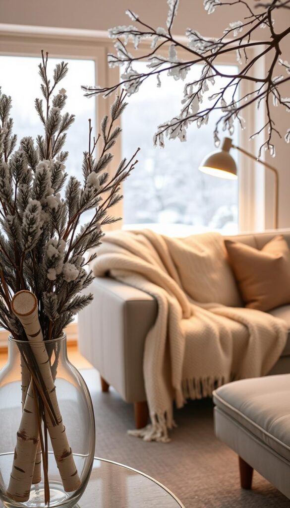 A cozy living room with a minimalist, natural winter aesthetic. In the foreground, a stylish, glass vase filled with frosted pine branches and white birch logs. In the middle ground, a plush, cream-colored wool blanket draped over a midcentury modern sofa, complemented by a pair of knit throw pillows. Soft, indirect lighting from a floor lamp casts a warm, golden glow, highlighting the textures of the natural materials. In the background, a large window overlooking a snowy landscape, with icy branches framing the view. The overall mood is serene, sophisticated, and evocative of the winter season, without the overt holiday motifs.