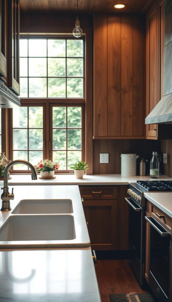 A cozy, modern vintage kitchen with sleek, hidden appliances blending seamlessly into the rustic, wood-paneled cabinetry. Soft, warm lighting casts a gentle glow over the space, highlighting the contrast between the traditional and contemporary elements. In the foreground, a farmhouse-style sink sits atop a marble countertop, surrounded by brushed brass hardware and vintage-inspired fixtures. In the middle ground, the hidden appliances, such as a dishwasher and oven, are seamlessly integrated into the cabinetry, creating a clean, uncluttered look. The background features a large window overlooking a lush, green garden, adding to the tranquil, inviting atmosphere. The overall mood is one of timeless elegance and modern functionality, blending the best of both vintage and contemporary design.