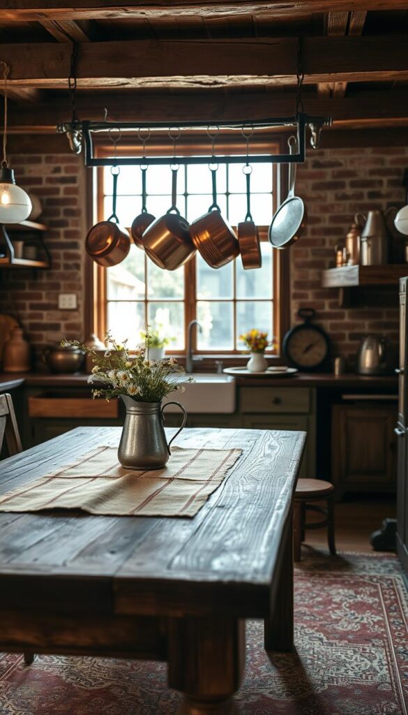 A cozy rustic kitchen with vintage accents and natural textures. The foreground features an old farmhouse-style wooden table adorned with a burlap runner, a weathered metal pitcher, and a mason jar filled with wildflowers. In the middle ground, antique copper pots and pans hang from a rustic wall-mounted rack, casting warm, soft lighting. The background showcases exposed wooden beams, brick walls, and a vintage-inspired rug, creating a charming, lived-in ambiance. Diffused, natural sunlight filters through a large window, accentuating the room's rustic, timeless appeal.