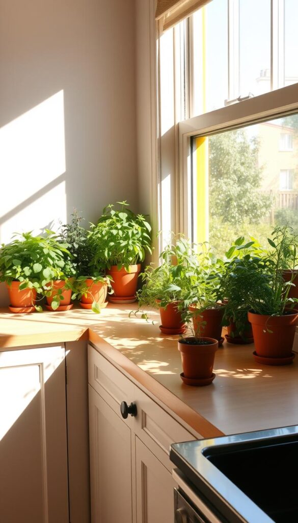 A cozy, sunlit kitchen interior with an expansive indoor herb garden thriving on the windowsill. Lush, verdant potted plants in terracotta pots line the sill, casting soft shadows on the crisp, clean countertops below. Warm natural lighting filters in through the large, uncurtained window, illuminating the fresh herbs and spices in a welcoming, earthy glow. The arrangement feels both functional and visually pleasing, integrating nature seamlessly into the kitchen design. The overall atmosphere is one of a nurturing, harmonious space perfect for cultivating flavorful ingredients and a connection to the outdoors.