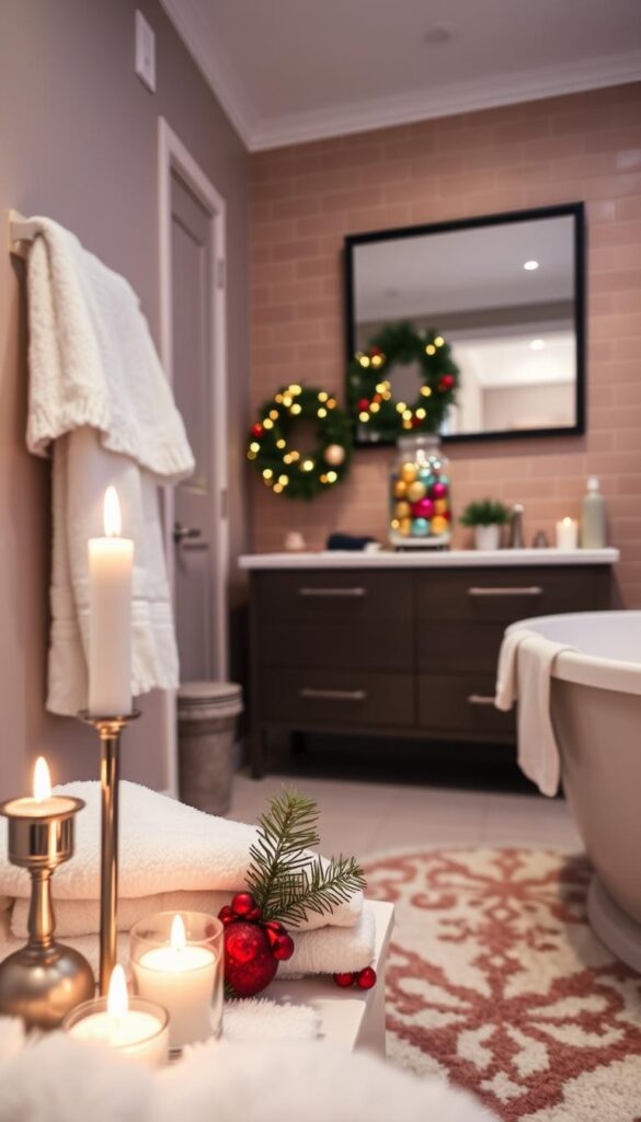 A cozy, well-appointed holiday bathroom with plush towels, a festive rug, and gentle lighting. In the foreground, an ornamental candle holder and small potted evergreen add a touch of seasonal charm. The middle ground features a sparkling glass jar filled with colorful ornaments, complementing a sleek vanity and framed mirror. The background showcases a tile wall with a warm, inviting color palette, creating a serene and elegant atmosphere. The scene is bathed in soft, diffused lighting, evoking a sense of comfort and relaxation. The overall composition conveys a welcoming, holiday-inspired ambiance.