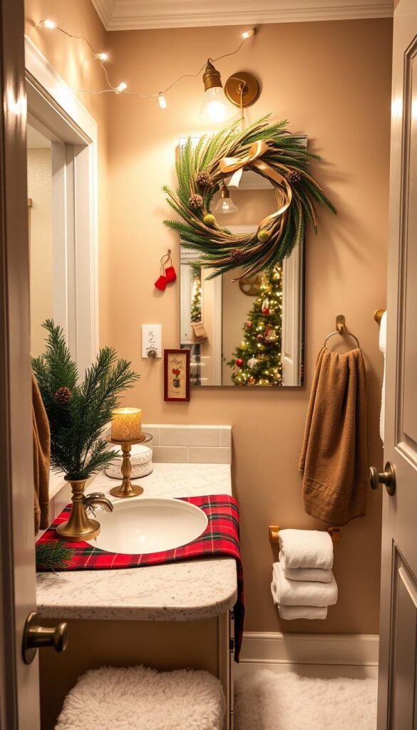 A cozy, well-lit bathroom adorned with festive holiday decor. The counter is dressed in a plush red and green plaid runner, complemented by a sparkling gold candle holder and a bouquet of fresh pine sprigs. On the wall, a rustic wooden wreath with ribbons and pinecones frames a large mirror. Soft string lights twinkle above, casting a warm glow across the scene. Fluffy white towels and a festive bath mat add to the inviting ambiance. Through the open doorway, a glimpse of a decorated Christmas tree is visible, tying the space to the broader holiday theme. An immersive, cheerful setting that exudes holiday cheer and thoughtful hospitality.