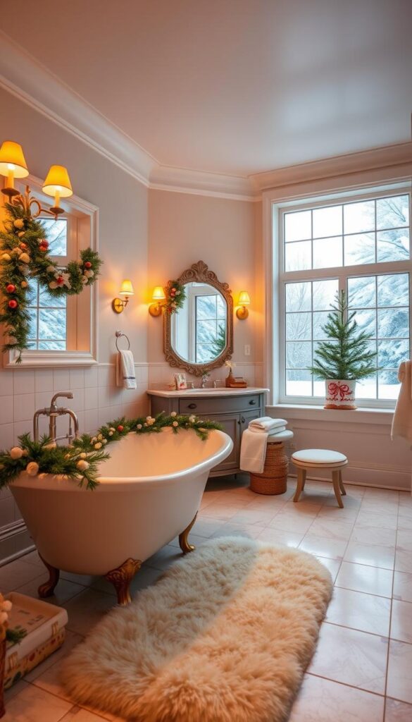 A cozy, well-lit bathroom with warm, golden lighting fixtures and soft, diffused illumination. The foreground features a clawfoot tub adorned with festive garlands and a plush, fluffy bath mat. The middle ground showcases a vanity with a decorative mirror, holiday-themed towels, and a potted evergreen plant. In the background, a large window offers a view of a snowy winter landscape, creating a serene and peaceful atmosphere. The overall mood is one of comfort, relaxation, and holiday cheer, evoking a sense of tranquility and escape.