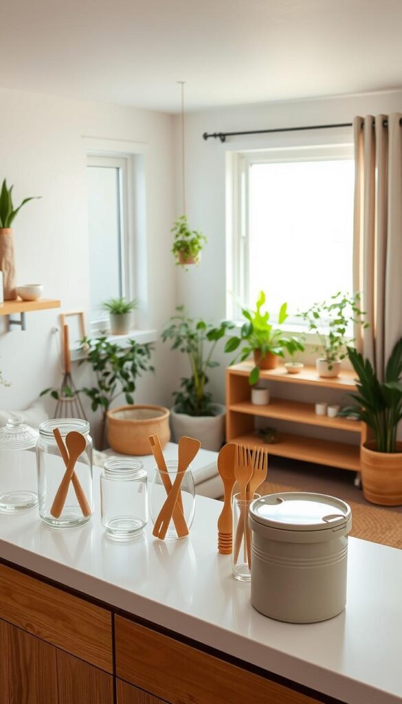 A cozy, well-lit home interior showcasing a zero-waste living environment. In the foreground, a minimalist kitchen countertop displays a mix of reusable glass containers, bamboo utensils, and a compost bin. Hanging plants and natural wood shelves adorn the middle ground, with a large window in the background letting in soft, diffused sunlight. Sustainable textiles, such as linen curtains and a woven rug, create a warm, inviting atmosphere. The overall impression is one of simplicity, functionality, and a harmonious integration of eco-friendly elements into a modern, comfortable living space.