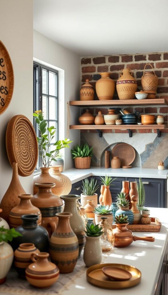 A cozy, well-lit kitchen corner showcasing a curated display of global decor accessories. In the foreground, artisanal ceramic vessels, woven baskets, and copper cookware are arranged with intentionality. The middle ground features a mix of potted succulents, handcrafted wooden sculptures, and decorative trays. The background subtly hints at the broader boho-inspired kitchen, with exposed brick walls, rustic shelving, and natural lighting flooding the space. The overall atmosphere is one of warmth, texture, and a celebration of worldly influences, creating a welcoming and visually captivating vignette.