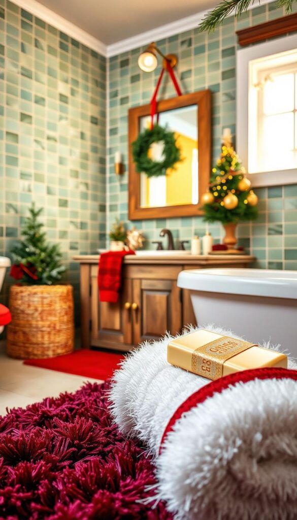 A festively decorated bathroom with shimmering holiday decor elements. In the foreground, a plush bath rug in deep burgundy, a fluffy white towel with a red trim, and a decorative bar of holiday-scented soap. In the middle ground, a vanity with a rustic wood finish, a mirror adorned with a simple wreath, and a collection of sparkling glass ornaments. The background features a tile wall in a soothing green hue, with a window letting in warm, natural light. Accents of gold, silver, and red create a cozy, inviting atmosphere, perfect for welcoming holiday guests.