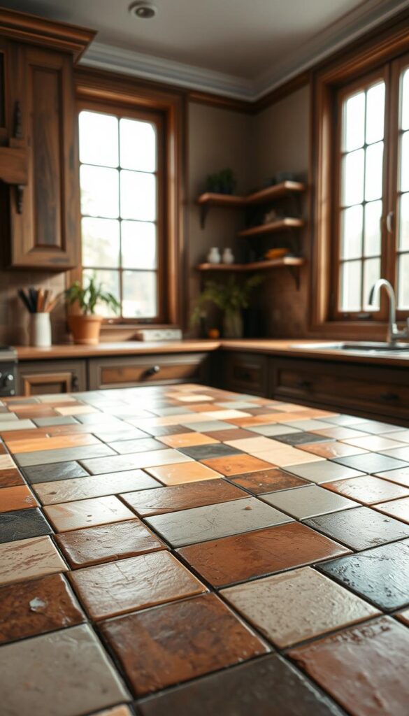 A kitchen countertop featuring an array of earthy clay tiles in warm, muted tones of terracotta, ochre, and sage. The tiles are arranged in a rustic, organic pattern, with visible brushstrokes and subtle variations in texture. Soft, diffused natural lighting filters through large windows, casting gentle shadows and highlights across the tiles' surface. In the background, subtle hints of wooden cabinetry and a backsplash of complementary hues create a cohesive, earthy aesthetic. The overall scene conveys a sense of warmth, authenticity, and a connection to the natural world.