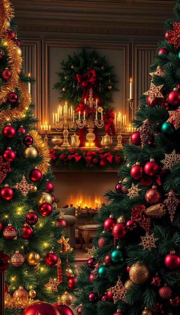 A lavish and luxurious holiday scene. In the foreground, a stunning arrangement of opulent jewel-toned ornaments - deep ruby reds, emerald greens, and sapphire blues adorn a lush, full-bodied Christmas tree. Draped garlands of golden tinsel and twinkling fairy lights cast a warm, inviting glow. In the middle ground, a grand fireplace mantle is adorned with clusters of glittering crystal candelabras and artfully placed holiday blooms. The background reveals a cozy, refined living space with elegant furniture and rich, jewel-toned textiles. The entire scene is bathed in a soft, romantic lighting, creating an atmosphere of refined holiday splendor.