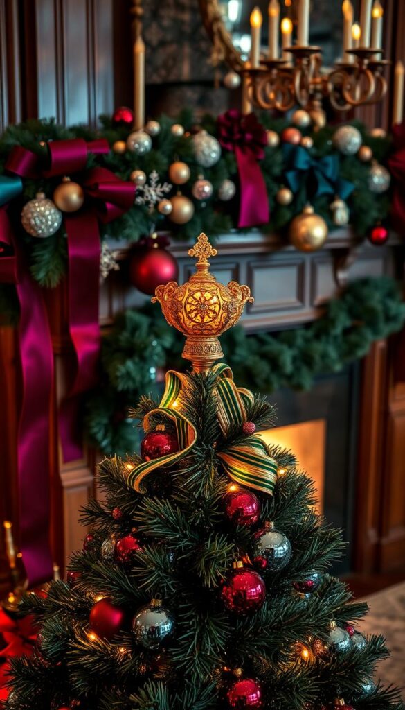 A lavish arrangement of jewel-toned Christmas decorations filling the frame. In the foreground, an ornate gold and emerald tree topper shimmering under warm, ambient lighting. Surrounding it, a constellation of gleaming crimson and sapphire baubles, their facets reflecting the glow. In the middle ground, rich velvet ribbons in deep plum and teal cascade from a mantel, adorned with clusters of glittering ornaments. In the background, hints of a cozy, luxurious living space with wood paneling and lush textiles set the sophisticated, opulent mood. Captured with a wide-angle lens to showcase the harmonious, lavish display of traditional holiday elements in a jewel-toned palette.
