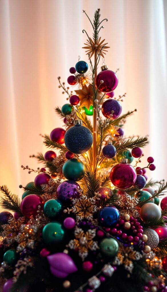 A lavish arrangement of opulent jewel-toned Christmas ornaments, baubles, and trinkets against a soft, ethereal backdrop. The ornaments gleam with the rich hues of emerald, sapphire, amethyst, and ruby, artfully arranged in a elegant, harmonious composition. Warm, gentle lighting casts a cozy, luxurious glow, creating an inviting, sophisticated ambiance. The scene is captured with a shallow depth of field, placing the decorative centerpieces in sharp focus while the background gently blurs, emphasizing the allure and splendor of the jewel-tone accents. The overall mood is one of refined elegance and holiday opulence.