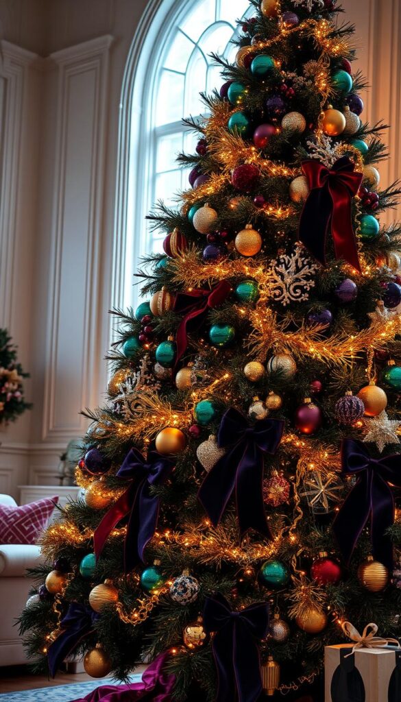 A lavish, jewel-toned Christmas tree stands tall in a cozy, well-lit interior. The branches are adorned with a dazzling array of ornaments in rich hues of emerald, sapphire, and amethyst, reflecting the warm glow of the soft, ambient lighting. Delicate strands of golden tinsel and twinkling fairy lights add a touch of elegant glamour, while plush, velvet-trimmed ribbons in deep burgundy and navy add a luxurious finishing touch. The tree is the focal point of the scene, its opulent splendor casting a magical, serene atmosphere throughout the space.
