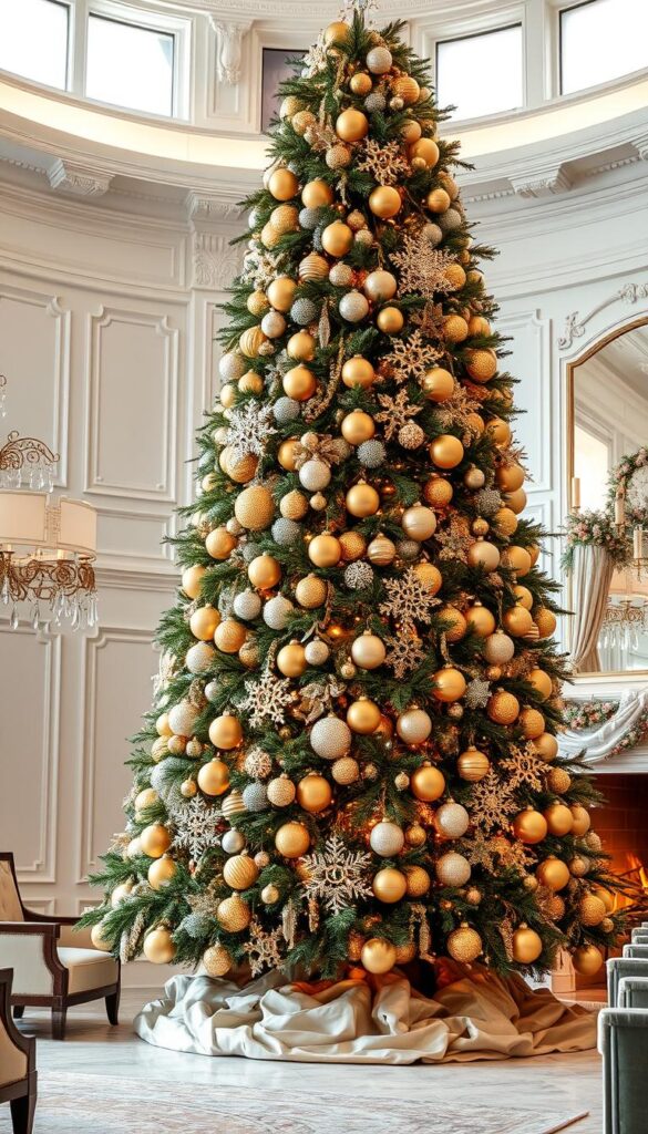A luxurious Christmas tree stands tall, adorned with gleaming ornaments and twinkling lights in a grand, stately room. Plush, velvety textures and lavish accents like gilded baubles, shimmering garlands, and crystalline icicles create an opulent, high-end aesthetic. Soft, warm lighting casts a cozy glow, while a crackling fireplace in the background adds to the elegant, sophisticated atmosphere. The tree's lush, full shape commands attention, its stately presence accentuated by elegant, minimalist furnishings and a neutral, refined color palette. This stunning, lavish Christmas tree sets the tone for a truly exceptional holiday celebration.