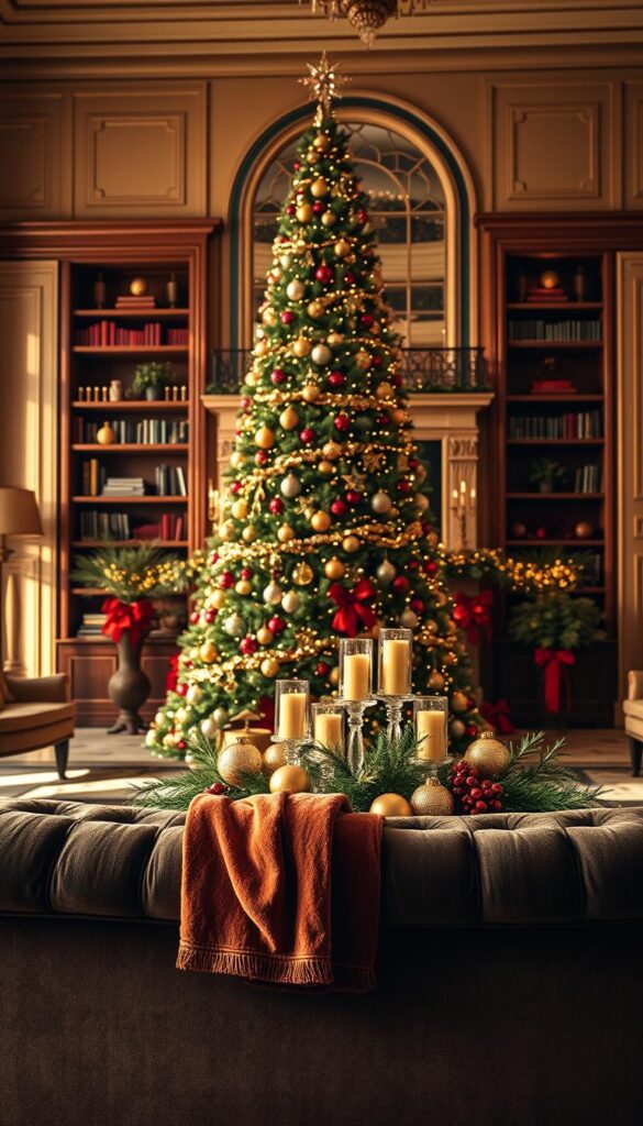 A luxurious holiday scene, bathed in warm, golden light. In the foreground, a sumptuous velvet sofa draped with a plush, jewel-toned throw. On the coffee table, a centerpiece of glittering ornaments, candles, and lush greenery. In the middle ground, a towering Christmas tree adorned with sparkling lights, jewel-toned baubles, and a shimmering topper. The background showcases a grand, ornate fireplace mantel, flanked by elegant bookshelves and accented with opulent holiday decor. The overall atmosphere is one of cozy sophistication, inviting the viewer to sink into the lap of luxury.