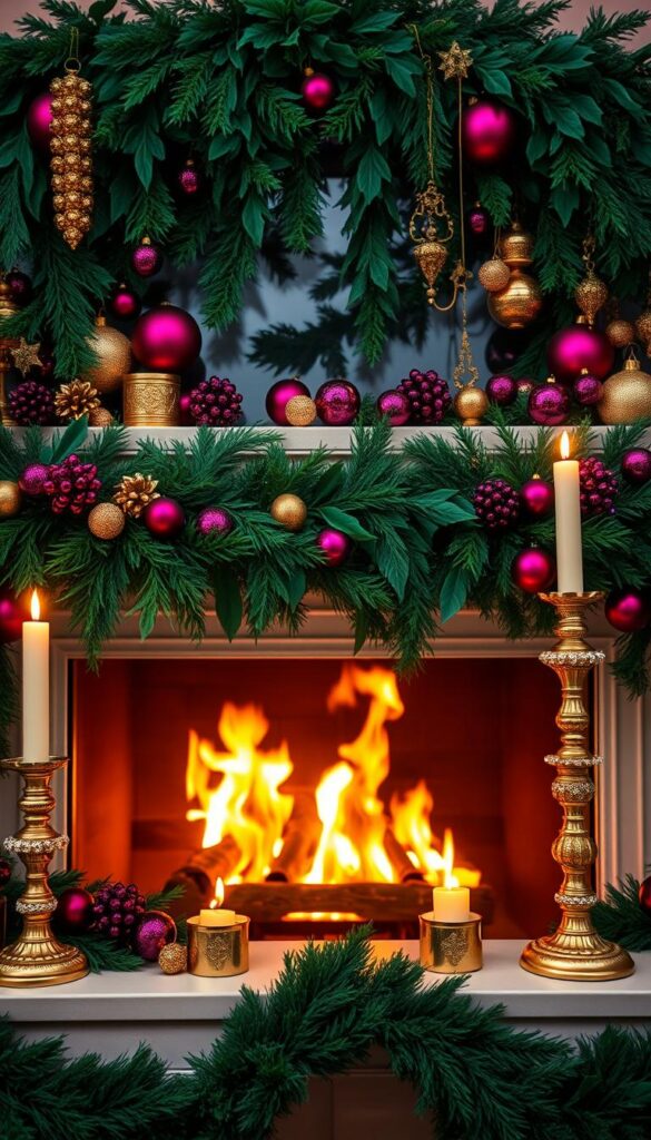 A luxurious jewel-toned holiday mantel, adorned with cascading garlands of emerald greenery, amethyst and ruby-hued ornaments, and golden accents. The mantel is flanked by tall, elegant candles casting a warm, ambient glow. A pair of ornate, bejeweled candlesticks add a touch of opulence. In the background, a roaring fireplace emits a cozy, flickering flame, illuminating the rich, velvety textures of the holiday scene. The overall composition exudes a sense of refined elegance and festive indulgence, perfectly capturing the essence of a jewel-toned holiday mantel.