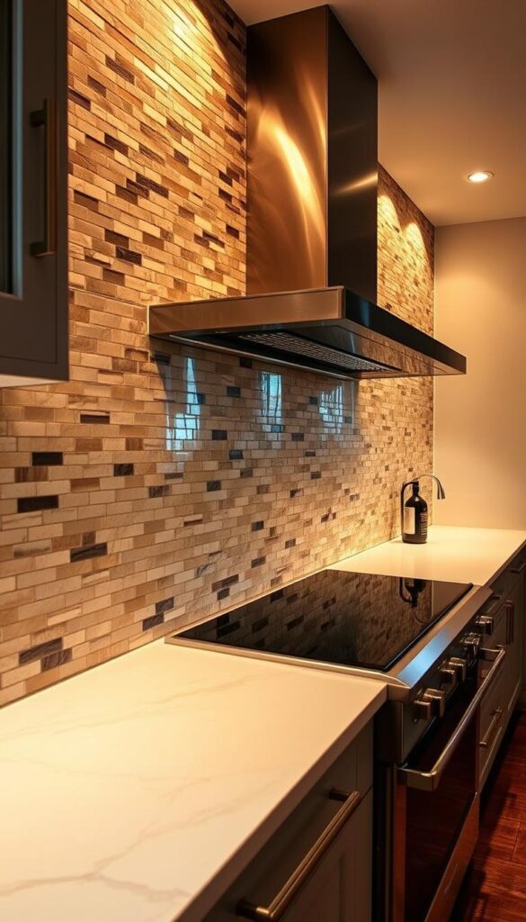 A luxurious kitchen backsplash, bathed in warm, soft lighting that casts a gentle glow across the intricate, hand-crafted tiles. The design features a sophisticated blend of natural stone and metallic accents, creating a captivating visual texture that instantly elevates the space. The backsplash extends from the countertop to the ceiling, drawing the eye upward and showcasing its grandeur. Delicate shadows and highlights accentuate the depth and dimension of the tiles, while the overall composition exudes a sense of timeless elegance and sophisticated style. The kitchen's sleek, modern cabinetry and high-end appliances complement the backsplash, creating a harmonious and visually striking focal point that would make any luxury kitchen design truly memorable.