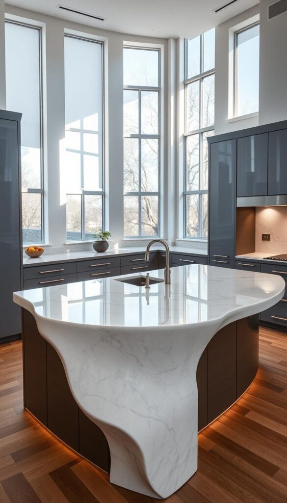 A luxurious kitchen island with a striking waterfall-style countertop made of gleaming white marble. The island is positioned as the central focus, surrounded by sleek modern cabinetry in a muted gray tone. Warm task lighting illuminates the workspace, creating a cozy and inviting atmosphere. Tall windows flood the space with natural light, casting soft shadows and highlighting the elegant curves of the countertop. The overall design exudes sophistication and refinement, perfectly suited for a high-end, luxury kitchen.