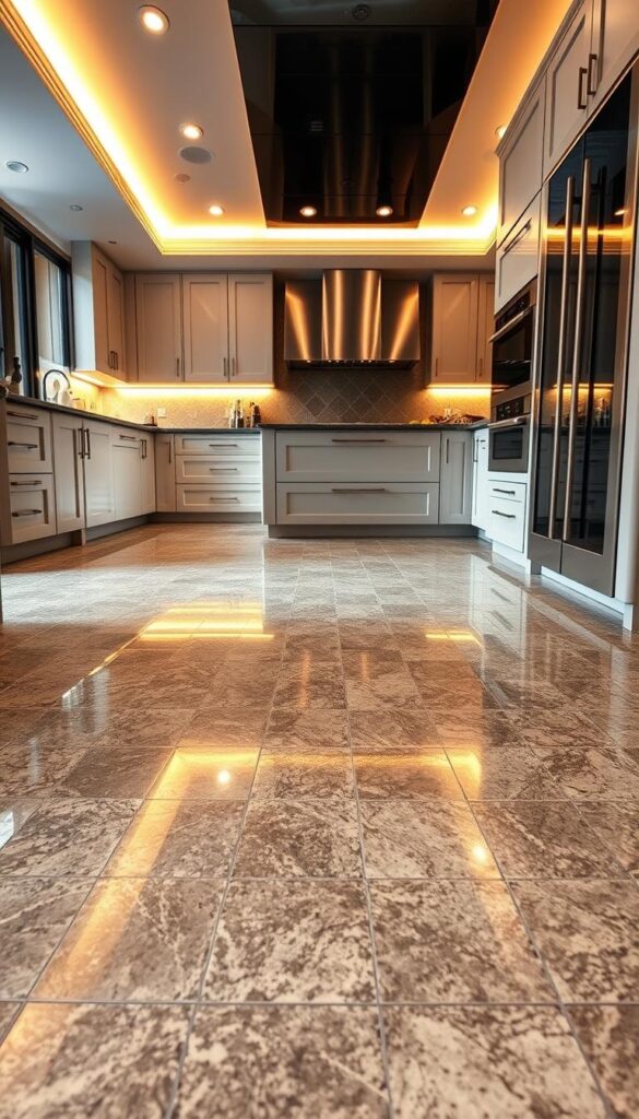 A luxurious kitchen with a premium, elegant flooring made of high-quality natural stone tiles. The tiles are arranged in a sophisticated, herringbone pattern, reflecting the warm lighting overhead. The floor is a rich, honed granite in a neutral gray tone, with subtle veining and a polished finish that adds depth and texture. The room is bathed in soft, golden illumination from recessed ceiling lights, creating a cozy and inviting atmosphere. The flooring seamlessly complements the sleek, modern cabinetry and stainless steel appliances, elevating the entire kitchen design to a realm of sophisticated luxury.