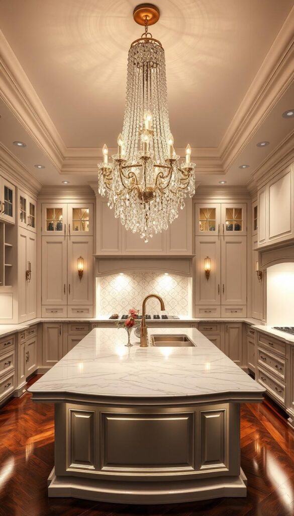 A luxurious kitchen with a sophisticated layered lighting design, capturing a warm and inviting ambiance. The central island is illuminated by a cascading cluster of crystal chandeliers, casting a soft, diffused glow. Recessed spotlights along the perimeter provide task lighting, highlighting the elegant cabinetry and marble countertops. Accent lighting under the cabinets creates a subtle, moody atmosphere, while strategically placed wall sconces add depth and dimension to the space. The overall lighting scheme seamlessly blends functionality and aesthetics, creating a harmonious and visually captivating luxury kitchen environment.