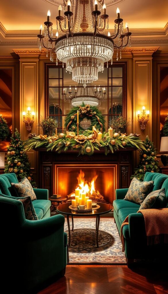 A luxurious living room bathed in a warm, jewel-toned glow. Lush, velvet armchairs in rich emerald and sapphire hues flank a grand fireplace, its flickering flames casting a cozy ambiance. Overhead, a grand chandelier with cascading crystal prisms refracts the light, creating a mesmerizing play of light and shadow. Ornate, gilded holiday decor adorns the mantelpiece, with elaborate wreaths, candles, and ornaments in shimmering metallics. Plush, textured throws and pillows in complementary jewel tones invite guests to sink in and bask in the festive, intimate atmosphere. Ambient lighting from sconces and table lamps bathes the space in a warm, inviting glow, accentuating the luxurious textures and rich, jewel-toned palette.