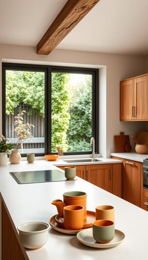 A minimalist, well-lit kitchen interior with an earthy color palette. In the foreground, a countertop showcases an arrangement of terracotta, ochre, and sage-colored ceramic dishes, cups, and utensils. In the middle ground, wooden cabinets in a warm, weathered hue create a rustic, grounded feel. The background features a large window overlooking a lush, verdant garden, letting in soft, natural light that casts a cozy, inviting glow throughout the space. The overall atmosphere evokes a sense of harmony, simplicity, and connection to nature.