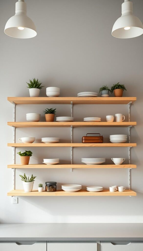 A minimalist, well-lit kitchen with a sleek, modern open shelving design. The shelves are made of natural wood, arranged in a clean, symmetrical pattern against a pale gray wall. Potted plants, ceramic dishware, and a few carefully curated decor pieces create a stylish, functional display. Soft, diffused lighting from overhead fixtures casts a warm glow, highlighting the textures and creating depth. The shelves are placed at eye level, making efficient use of the limited space and creating an airy, uncluttered feel. The overall atmosphere is one of simplicity, organization, and a subtle touch of Scandinavian-inspired elegance. A minimalist, well-lit kitchen with a sleek, modern open shelving design. The shelves are made of natural wood, arranged in a clean, symmetrical pattern against a pale gray wall. Potted plants, ceramic dishware, and a few carefully curated decor pieces create a stylish, functional display. Soft, diffused lighting from overhead fixtures casts a warm glow, highlighting the textures and creating depth. The shelves are placed at eye level, making efficient use of the limited space and creating an airy, uncluttered feel. The overall atmosphere is one of simplicity, organization, and a subtle touch of Scandinavian-inspired elegance.