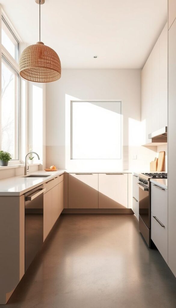 A modern and minimalist kitchen with clean lines, featuring a neutral color palette of beige, cream, and light gray tones. The cabinets have a matte finish, complemented by sleek stainless steel appliances. The backsplash is a simple, neutral-toned tile that creates a cohesive look. Natural light floods the space through large windows, casting a warm glow on the polished concrete floor. Subtle textures, such as a woven pendant light and a wooden cutting board, add depth and visual interest. The overall atmosphere is one of understated elegance and timeless style.