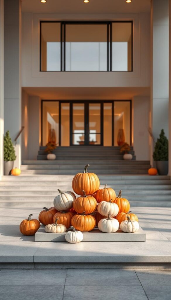 A modern, architectural pumpkin display stands as the centerpiece of an elegant entryway. In the foreground, a sculptural arrangement of smooth, round pumpkins in various hues of orange and white is carefully balanced, creating a sense of geometric harmony. The pumpkins are illuminated by warm, directional lighting, casting soft shadows that accentuate their form. In the middle ground, a minimalist staircase leads up to the entrance, its clean lines and materials complementing the pumpkin display. The background features a backdrop of sleek, contemporary architecture, with large windows and a neutral color palette that allows the pumpkins to take center stage. The overall scene exudes a sense of refined, modern sophistication, inviting visitors to step into a stylish, autumnal oasis.
