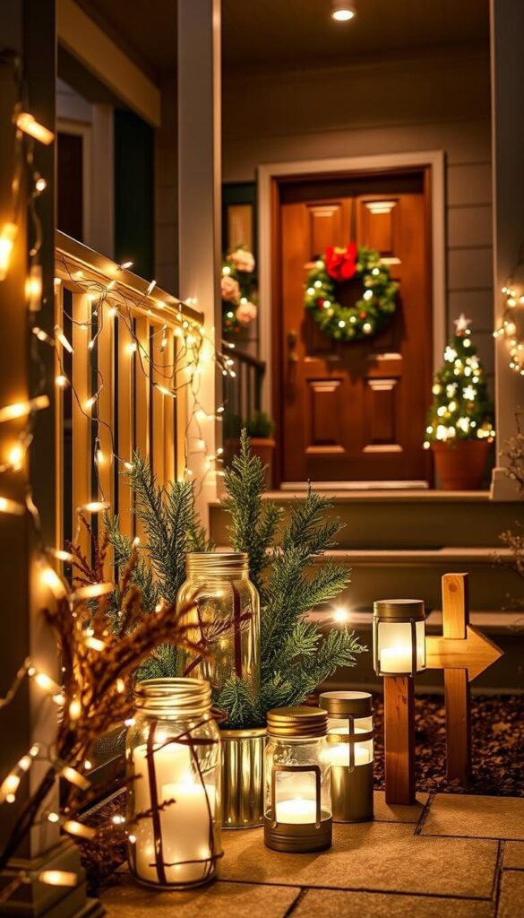 A modern, cozy porch bathed in warm holiday lighting. In the foreground, an array of DIY string lights and fairy lights artfully draped across the railing and stairs, casting a soft, ambient glow. In the middle ground, a mix of simple, homemade outdoor light fixtures - mason jars with LED tea lights, recycled tin can lanterns, and wooden directional path markers with integrated lights. The background features a festive, minimalist holiday wreath on the front door, illuminated by a subtle spotlight. The overall scene conveys a inviting, handcrafted ambiance, perfect for welcoming guests during the holiday season.