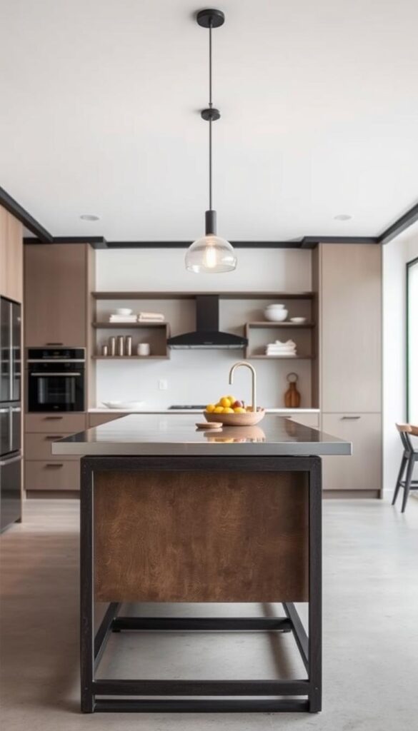 A modern industrial kitchen island with a sturdy metal framework, featuring a sleek and minimalist design. The island's surface is made of a durable and textured material, such as stainless steel or weathered wood, complementing the industrial aesthetic. Overhead, a minimalist pendant light casts a warm glow, illuminating the workspace. The background showcases a neutral-toned kitchen, with clean lines and a mix of materials, creating a cohesive and visually appealing environment. The scene is captured from a slightly elevated angle, emphasizing the island's central role and showcasing its functional and stylish features.