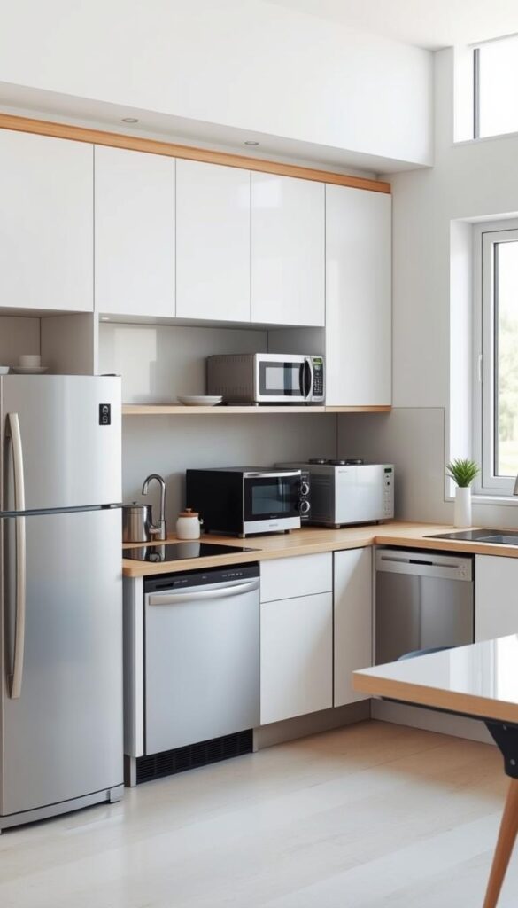 A modern kitchen filled with a variety of space-saving appliances - a compact refrigerator, a small oven with convection heating, a sleek induction cooktop, and a minimalist dishwasher. The appliances are arranged neatly, with a focus on efficient use of limited counter space. The kitchen has a clean, minimalist aesthetic, with white cabinets, light wood accents, and a large window letting in natural light. The lighting is soft and even, highlighting the streamlined design of the appliances. The scene conveys a sense of organization and functionality, showcasing how thoughtful appliance selection can maximize the limited space in a small kitchen. A modern kitchen filled with a variety of space-saving appliances - a compact refrigerator, a small oven with convection heating, a sleek induction cooktop, and a minimalist dishwasher. The appliances are arranged neatly, with a focus on efficient use of limited counter space. The kitchen has a clean, minimalist aesthetic, with white cabinets, light wood accents, and a large window letting in natural light. The lighting is soft and even, highlighting the streamlined design of the appliances. The scene conveys a sense of organization and functionality, showcasing how thoughtful appliance selection can maximize the limited space in a small kitchen.