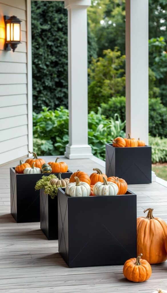 A modern, minimalist porch setting with a group of stylish, contemporary planters showcasing an assortment of pumpkins in a variety of colors and sizes. The planters are made of sleek, matte black metal, their geometric shapes and clean lines complementing the pumpkins' natural forms. Soft, warm lighting casts a cozy glow, illuminating the display and creating a welcoming atmosphere. The porch itself is made of weathered, light-colored wood, providing a rustic contrast to the modern planters. In the background, a lush, verdant garden serves as a natural backdrop, its greenery enhancing the autumnal palette. The overall scene radiates a sense of sophistication and seasonal charm, perfectly embodying the spirit of a stylish pumpkin porch display for a modern home.