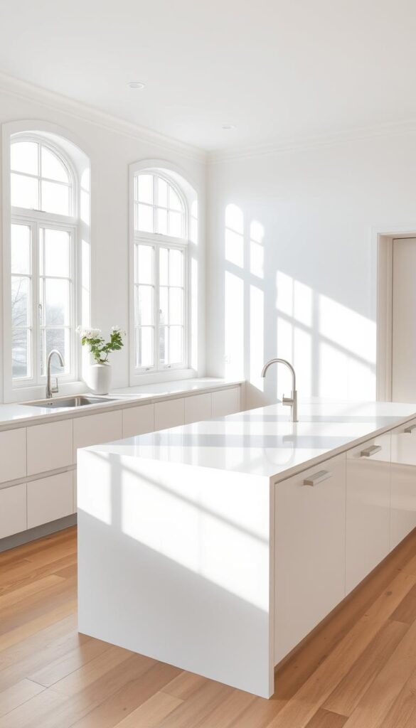 A modern, minimalist white kitchen island with clean lines and a sleek, streamlined design. The island features a smooth, glossy white countertop that reflects the soft, natural lighting from large windows, casting a bright, airy ambiance throughout the space. The island's simple, rectangular form is accented by subtle, integrated hardware and a minimalist, recessed plinth. The background is a neutral, calming palette of white walls and light-colored hardwood floors, creating a serene, sophisticated atmosphere. The camera angle captures the island from a slightly elevated perspective, emphasizing its elegant proportions and highlighting the design's attention to detail.