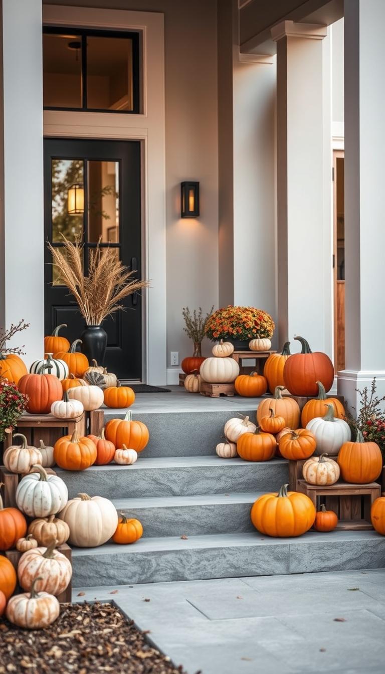 A modern porch adorned with an array of vibrant pumpkins in varied sizes and hues, artfully arranged to create a visually striking and cohesive display. The pumpkins are positioned on the porch steps, with some resting on wooden crates or small pedestals to add depth and dimension. The lighting is soft and warm, with a mix of natural sunlight and subtle, strategically placed lamps, creating a cozy and inviting atmosphere. The background features a clean, minimalist facade of the modern home, complementing the pumpkin display and emphasizing its role as the focal point. The overall composition evokes a sense of autumn elegance and transitional style, perfectly suited for a stylish pumpkin porch display in a contemporary home.