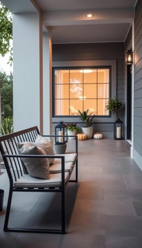 A modern porch with a minimalist, contemporary aesthetic. In the foreground, a sleek metal bench with clean lines and a pale cushion invites relaxation. Behind it, potted plants and a pair of modern lanterns flank the entryway. The middle ground features a geometric tiled floor in muted tones, leading the eye towards the background - an expansive window that floods the space with natural light. Indirect lighting casts a soft, warm glow, creating a serene, inviting atmosphere. The porch is devoid of clutter, allowing the architectural details and carefully curated decor to shine. An elegant, understated display of seasonal accents, such as a few pumpkins or gourds, completes the stylish, contemporary scene.