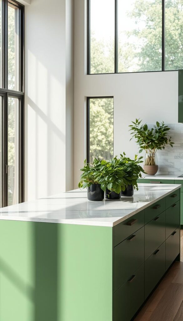 A modern, sleek green kitchen island design with a smooth, polished marble or quartz countertop. The island features clean lines, minimalist cabinetry, and subtle brass or chrome hardware. Bright, natural lighting streams in through large windows, casting a warm, inviting glow on the space. The island is positioned as the central focal point, complemented by lush, verdant potted plants or herbs on the countertop. The overall aesthetic is one of elegance, sophistication, and a harmonious blend of nature and contemporary design.