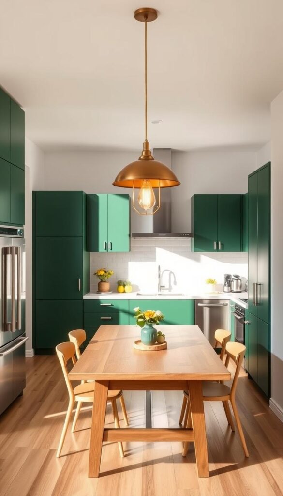 A modern, well-lit green kitchen with a contemporary design. Bright, natural lighting floods the space, casting a warm, cozy glow. Sleek, minimalist cabinets in a deep emerald hue line the walls, complemented by gleaming stainless steel appliances. Overhead, a statement-making pendant light fixture with a brushed brass finish hangs above a wooden dining table, illuminating the room with a soft, ambient radiance. The floor is a light, natural hardwood that ties the entire space together, creating a harmonious, eco-friendly atmosphere.