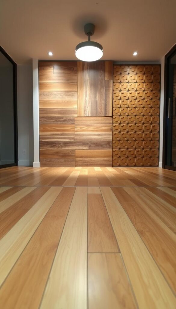 A modern, well-lit interior space showcasing various sustainable flooring options. In the foreground, a sleek, polished bamboo floor panel takes center stage, its warm, natural tones and smooth texture inviting closer inspection. In the middle ground, a section of reclaimed hardwood planks with a rustic, distressed finish stands in contrast, evoking a sense of timeless elegance. In the background, a striking installation of interlocking, recycled plastic tiles in a vibrant, eco-friendly hue adds a touch of contemporary flair. Soft, diffused lighting from overhead casts a welcoming, ambient glow, highlighting the unique textures and patterns of each sustainable flooring choice. The overall scene conveys a harmonious balance between form, function, and environmental responsibility.