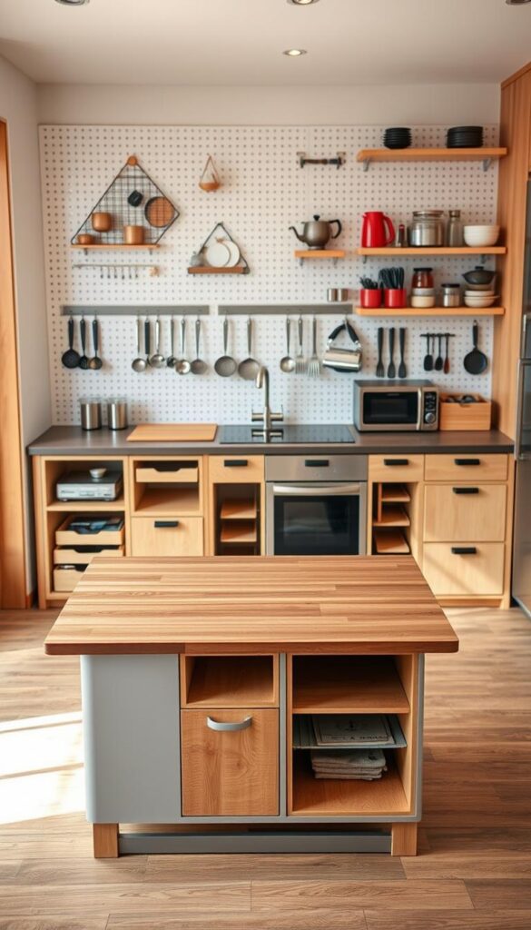 A neatly organized kitchen with an island showcasing an array of multi-functional furniture solutions. In the foreground, a sleek dining table with built-in storage and folding leaves, providing a versatile space for meal prep and dining. The middle ground features a modular kitchen island with integrated shelves, drawers, and a compact stovetop, maximizing the limited floor plan. In the background, a wall-mounted pegboard system with hooks and shelves displays a variety of cooking utensils and small appliances, creating a visually stunning and highly functional setup. The scene is bathed in warm, natural lighting, captured at a slightly elevated angle to highlight the clever design elements. The overall atmosphere exudes a sense of order, efficiency, and style tailored for a small kitchen. A neatly organized kitchen with an island showcasing an array of multi-functional furniture solutions. In the foreground, a sleek dining table with built-in storage and folding leaves, providing a versatile space for meal prep and dining. The middle ground features a modular kitchen island with integrated shelves, drawers, and a compact stovetop, maximizing the limited floor plan. In the background, a wall-mounted pegboard system with hooks and shelves displays a variety of cooking utensils and small appliances, creating a visually stunning and highly functional setup. The scene is bathed in warm, natural lighting, captured at a slightly elevated angle to highlight the clever design elements. The overall atmosphere exudes a sense of order, efficiency, and style tailored for a small kitchen.