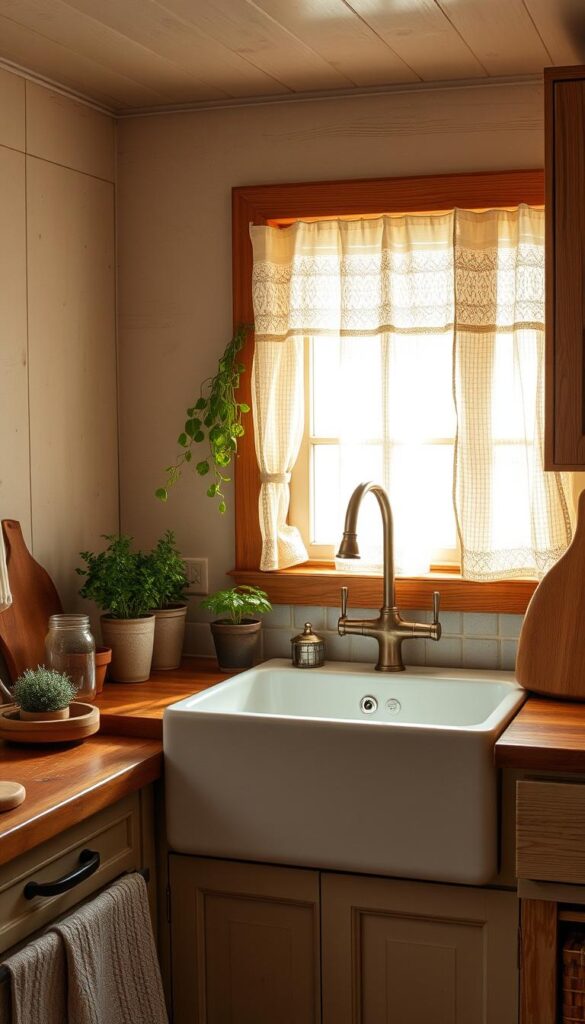 A rustic farmhouse kitchen sink nestled in a cozy, sun-dappled interior. Thick wooden countertops, weathered cabinetry, and a vintage-inspired faucet set the stage. Soft, natural lighting filters through lace curtains, casting a warm glow on the scene. The sink's deep basin and apron-front design are the focal point, surrounded by charming decor like potted herbs, mason jars, and a wooden cutting board. The overall atmosphere evokes a sense of timeless, country-chic elegance, perfectly suited for a tranquil, rural setting.