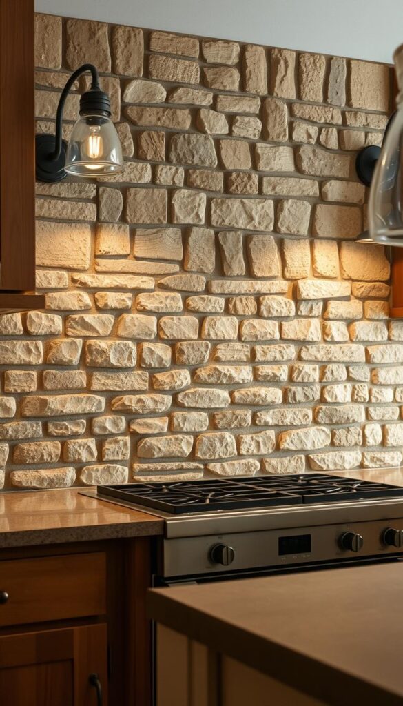 A rustic kitchen backsplash with a weathered, textured surface. The backsplash is made of rough-hewn natural stone tiles, their uneven edges and varied shades of beige, gray, and ochre creating a visually captivating, tactile appearance. Soft, diffused lighting from vintage-style sconces casts a warm glow, accentuating the backsplash's rugged charm. The scene is framed by the warm wood tones of the kitchen cabinetry and the muted, earthy colors of the countertops, creating a harmonious, cozy atmosphere. The overall effect is one of timeless, rustic elegance that complements the casual, lived-in feel of a well-used, beloved kitchen.