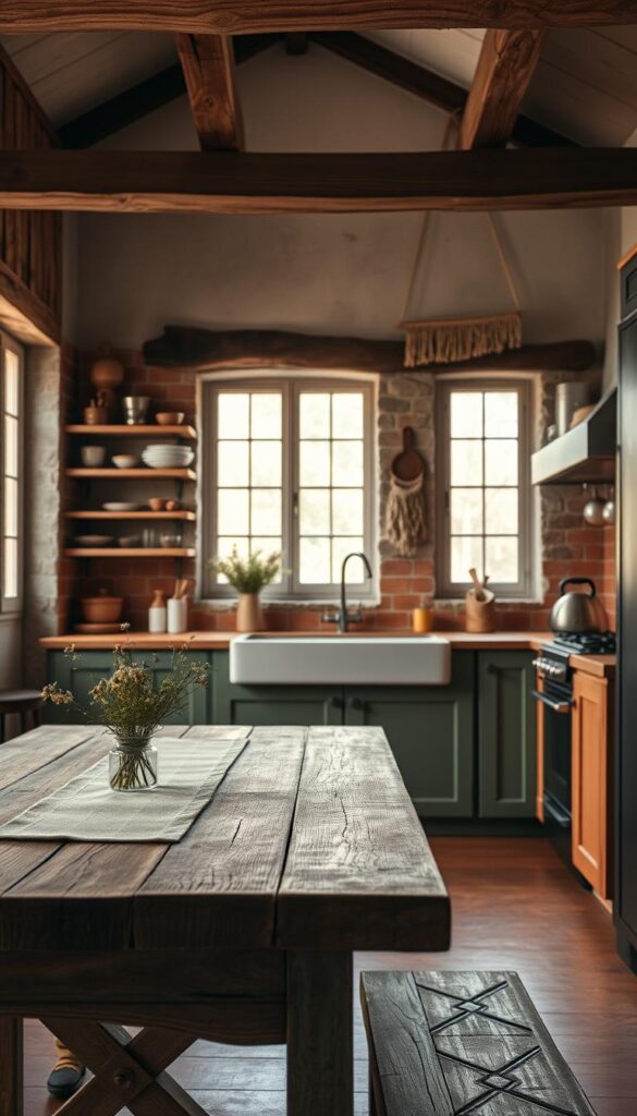 A rustic kitchen bathed in warm, earthy tones. The foreground features a weathered wooden table with a sturdy, hand-crafted feel, adorned with a simple linen runner and a small vase of wildflowers. In the middle ground, the cabinets and shelves are made of natural materials like reclaimed wood and distressed metal, with a muted color palette of sage, terracotta, and ochre. The backsplash is a textured, terracotta tile that adds depth and character. Soft, diffused lighting filters in through large windows, casting a cozy, inviting glow over the space. The background showcases exposed beams, natural stone walls, and a subtle, nature-inspired wall hanging, creating a harmonious, rustic-chic atmosphere.